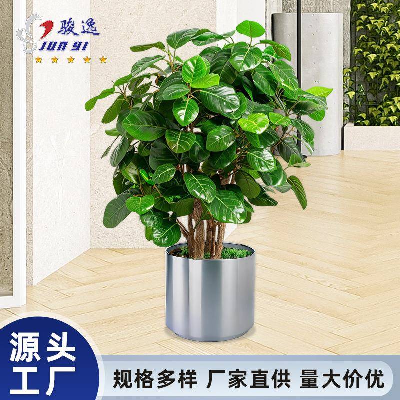 不锈钢大堂落地圆形绿植金属玫瑰金花盆套钛金边花箱花瓶大堂装饰