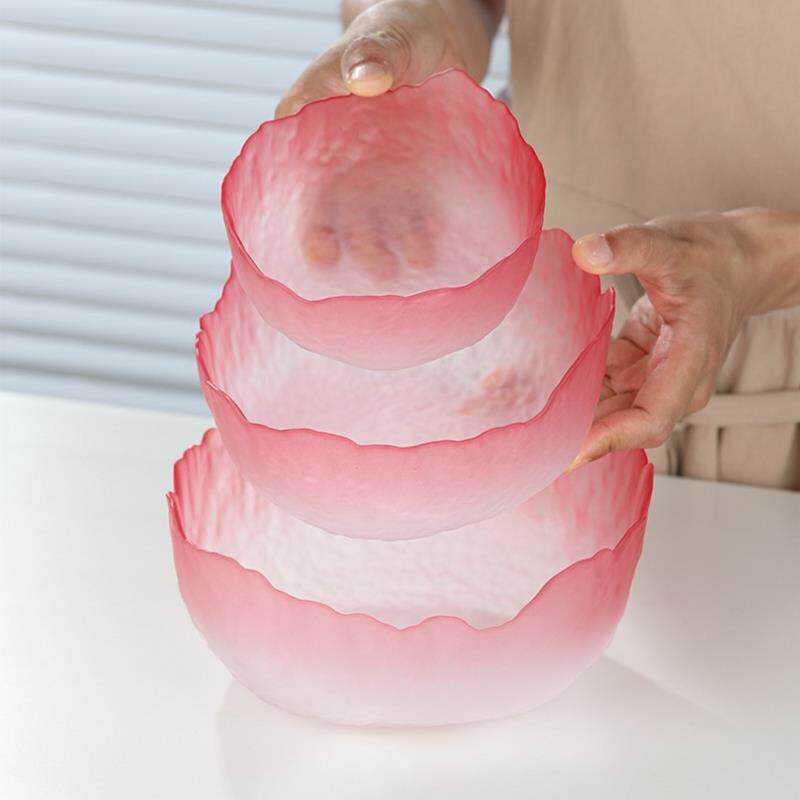 日式粉色莲雾玻璃碗沙拉碗碟套装饭碗面碗家用甜品餐具网红北欧碗