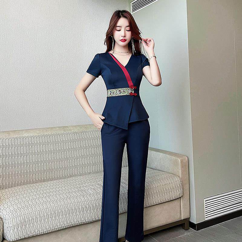 足浴技师工作服女美容师长裤套装足疗按摩沐足工衣8218短袖长裤