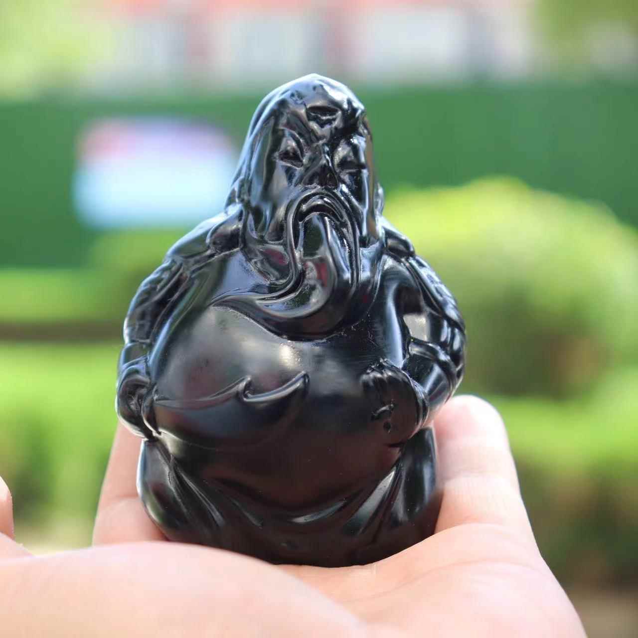 天然黑曜石原石雕刻Q版关公摆件创意摆件茶宠