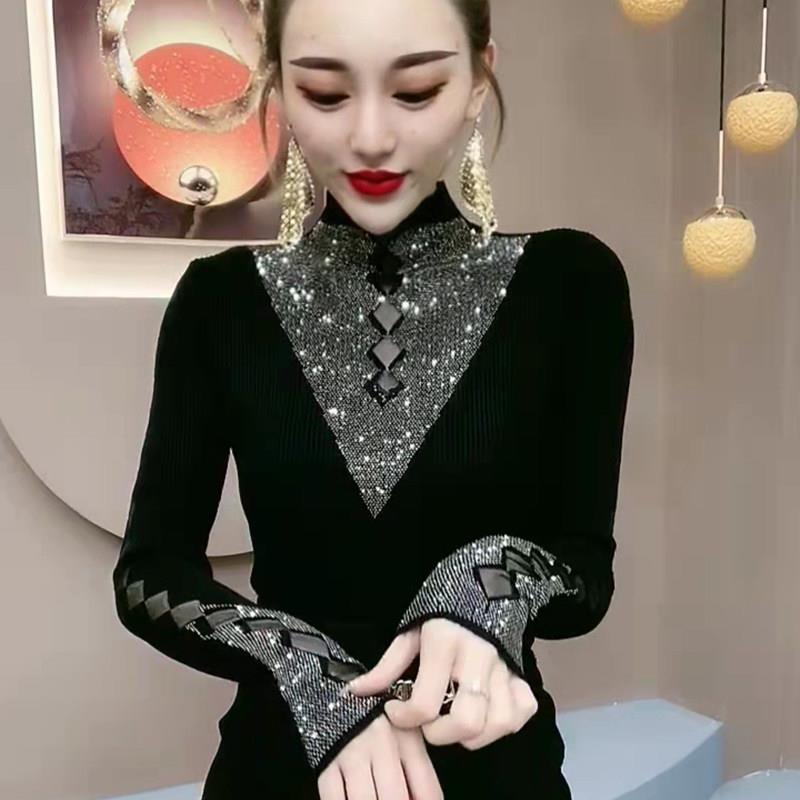 黑色半高领打底衫女春秋欧货爆款内搭可外穿小衫上衣烫钻长袖T恤
