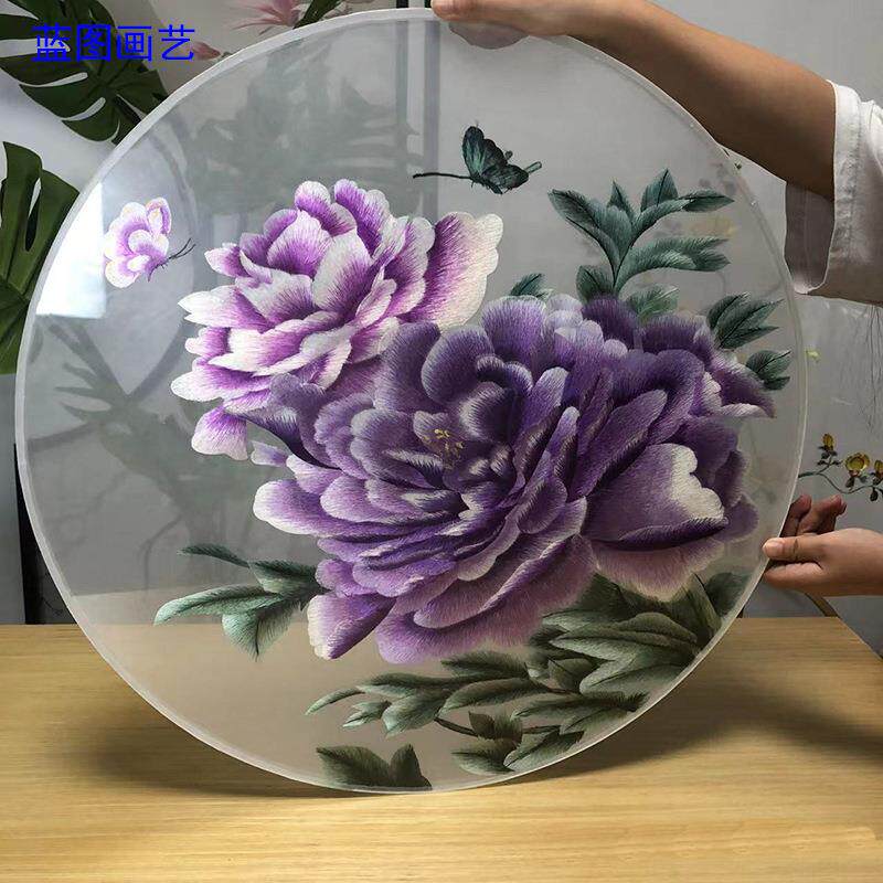 机器双面刺绣苏绣花开富贵牡丹半透明纱钢化玻璃装裱入户屏风玄关