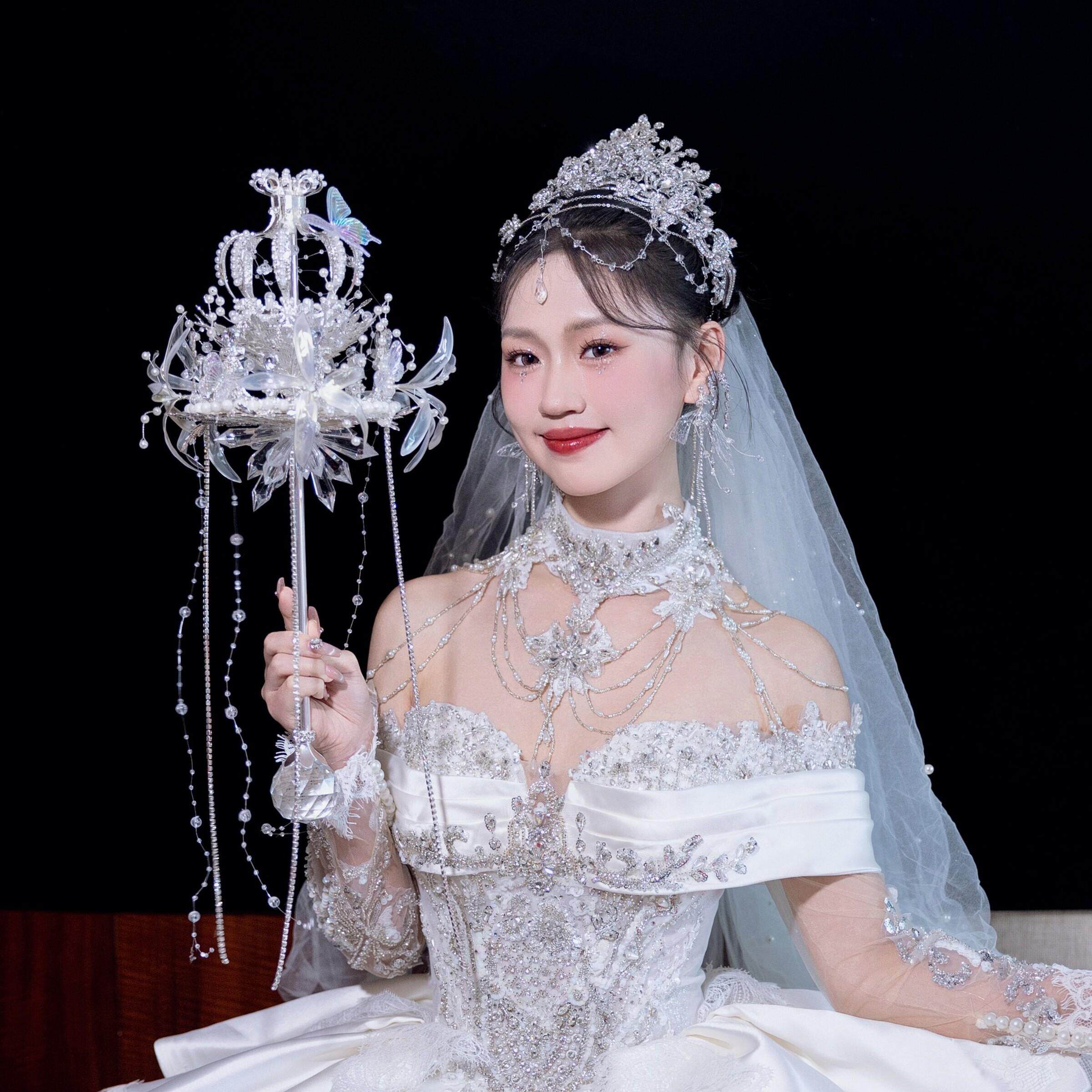 权杖手捧花婚礼新娘高级diy材料水晶公主重工婚纱成品新婚礼盒
