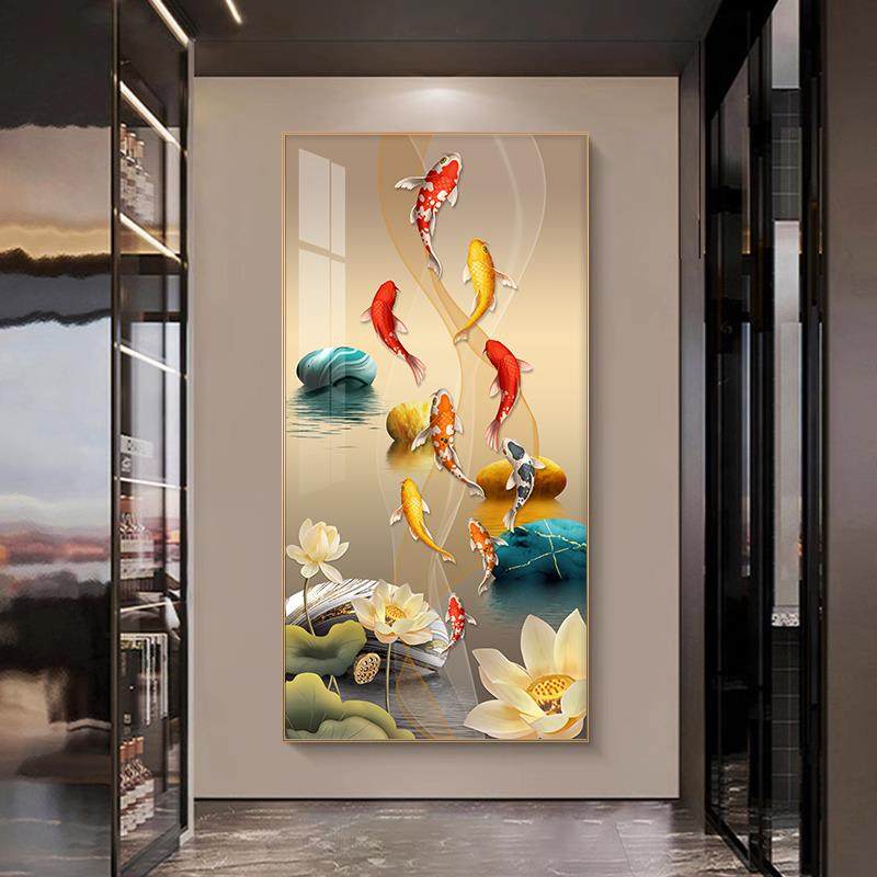 九鱼图玄关装饰壁画新中式入户正对门挂画走廊过道高级感招财墙画,家居饰品,现代装饰画,淘宝优惠券,粉丝福利购,淘宝优惠卷