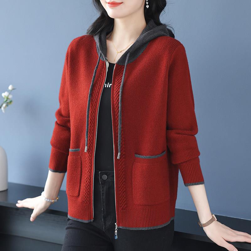 连帽衫卫衣拉炼针织外套女开衫开春羊毛衫短款小披肩宽松大码女装