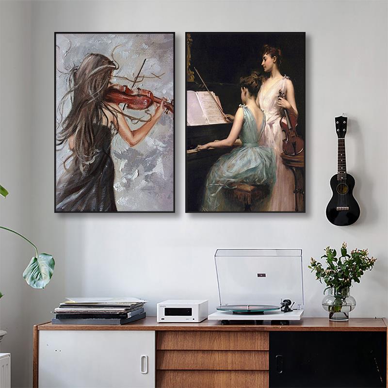 钢琴房装饰画小提琴女孩乐器艺术油画音乐教室挂画琴行酒吧墙壁画图片