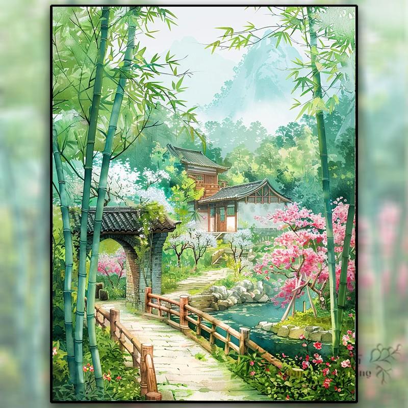 十字绣2026新款线绣古风竹简小院风景自己绣小件简单刺绣钻石贴画