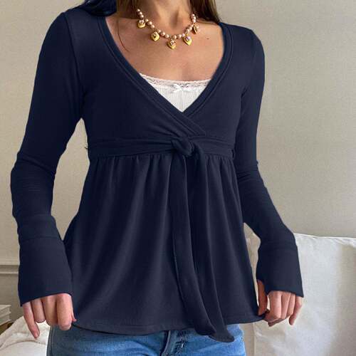 Solid Color V Neck Top Stylish Women's Casual Wear Elegant