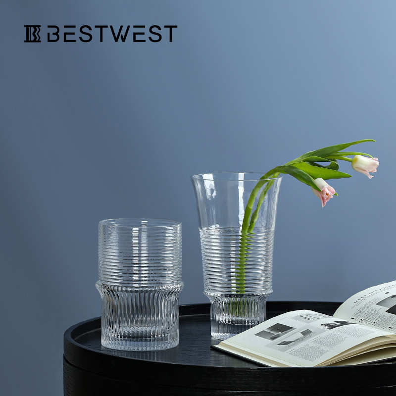 博西家居 北欧本白透明直筒螺纹玻璃花瓶摆件客厅软装喇叭花器