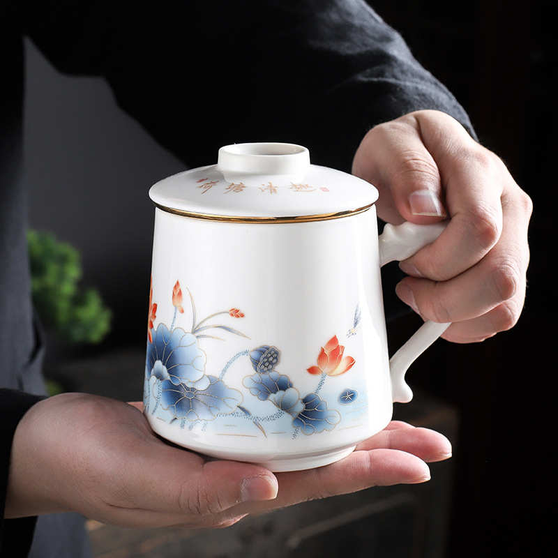 羊脂玉办公杯带盖茶水分离三件套陶瓷马克杯家用过滤水杯茶具礼品