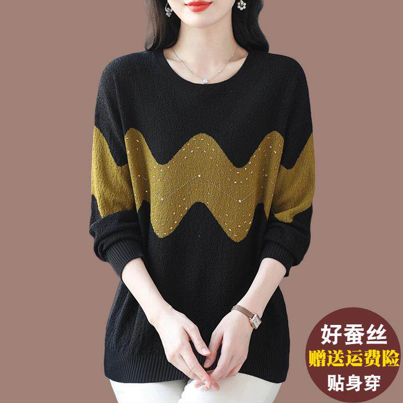 妈妈春秋新款桑蚕丝针织衫女宽松加肥加大码遮肚薄款冰丝打底上衣