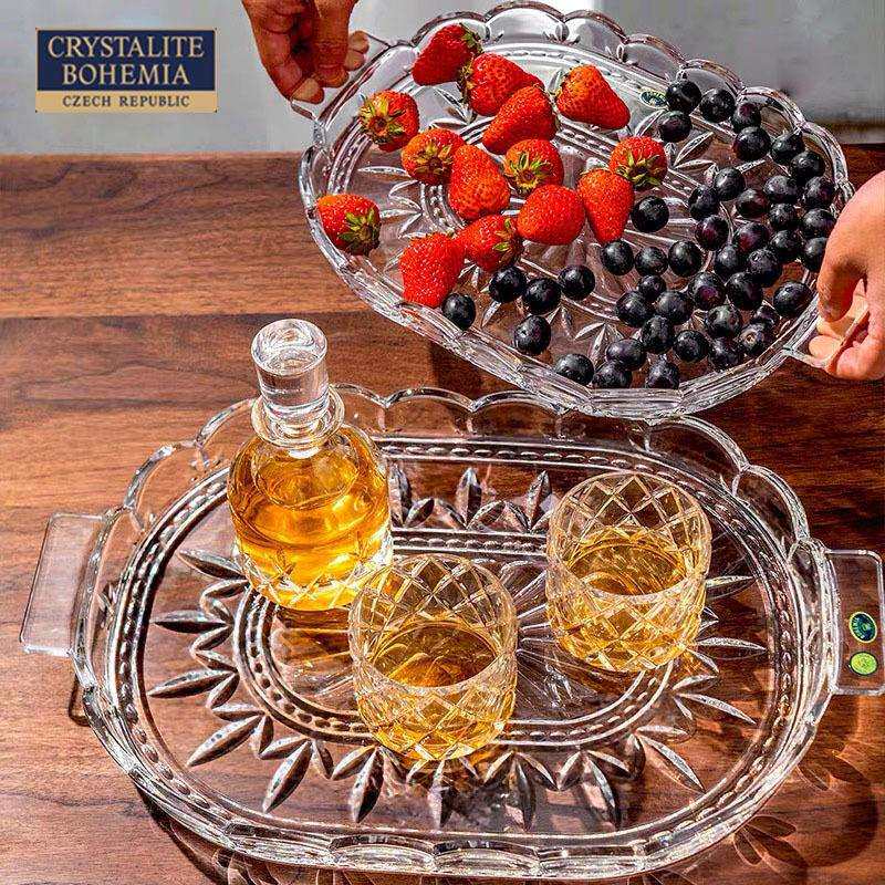 捷克BOHEMIA进口水晶玻璃托盘果盘刻花收纳平盘欧式下午茶点心盘