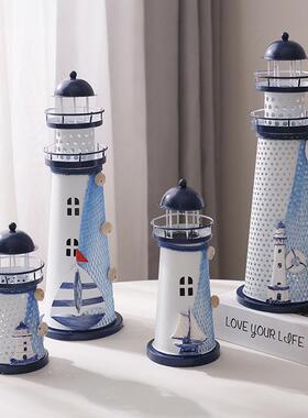地中海铁皮电子灯塔摆件可发光桌面海洋风拍摄影道具边旅游纪念品