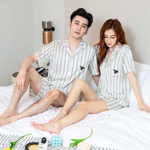 时尚 休闲自然情侣丝绸翻领睡衣 优雅气质透气居家冰丝家居服套装