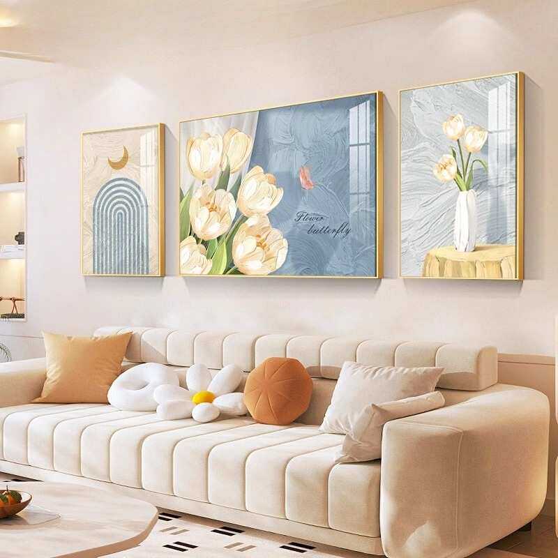 奶油风客厅沙发背景墙装饰画2024新款挂画高档大气郁金香三联壁画