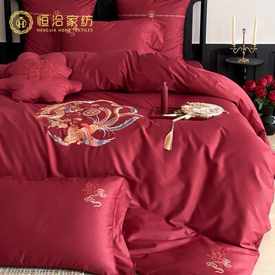 新中式婚庆贡缎长绒棉澳棉四件套龙凤刺绣全棉结婚大红色被套床品