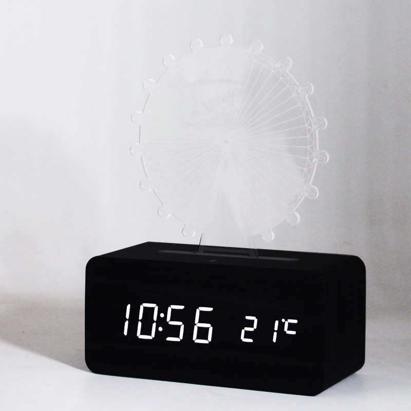 创意礼品led小夜灯闹钟 声控静音多功能木头钟 儿童礼品电子时钟