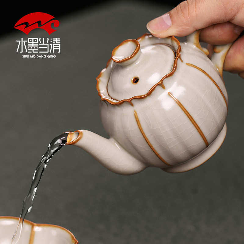 复古台湾汝窑茶壶手工金丝开片可养陶瓷茶壶闭水功夫茶具套装