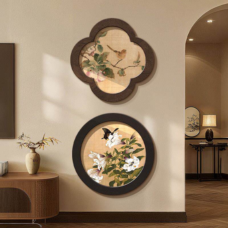 宋代美学花鸟客厅装饰画电视机背景墙双联挂画玄关梅花形砂岩壁画