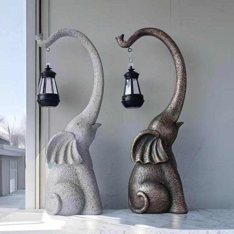 新款户外花园布置美式仿石坐象太阳能灯装饰摆件庭院景观家居饰品