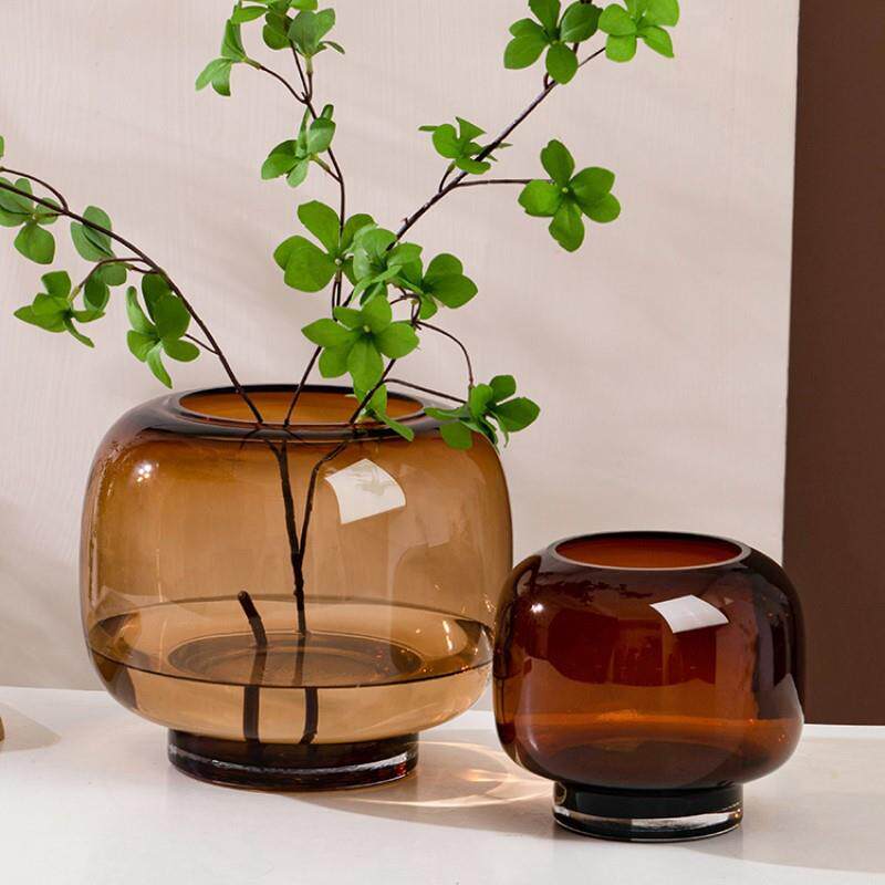 圆形大口原色玻璃花瓶现代简约透明水养鲜花插花客厅餐桌玻璃摆件
