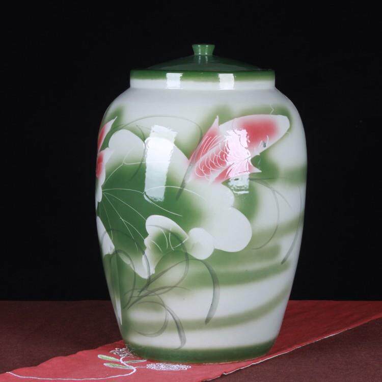 景德镇陶瓷米缸酒坛 手绘颜色釉浅雕荷花陶瓷酒坛 家居收藏摆件