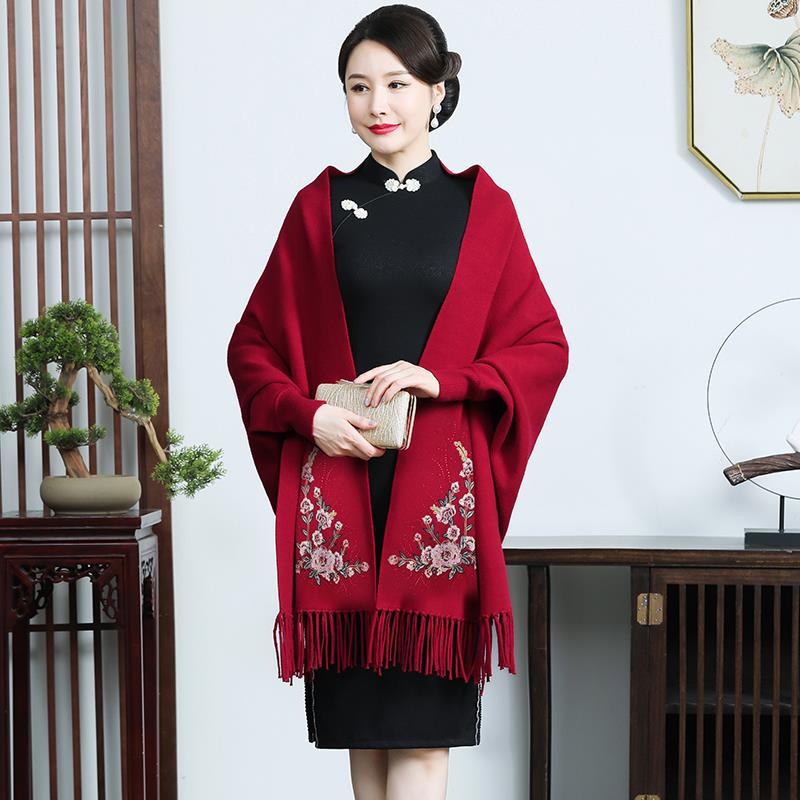 秋披肩配旗袍带袖红色婚礼妈妈斗篷结婚喜婆婆外搭外套0904ez