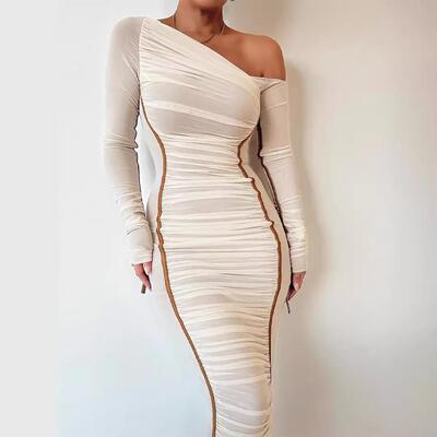 Women's Striped Ruched Asymmetrical Neck Bodycon Stretch
