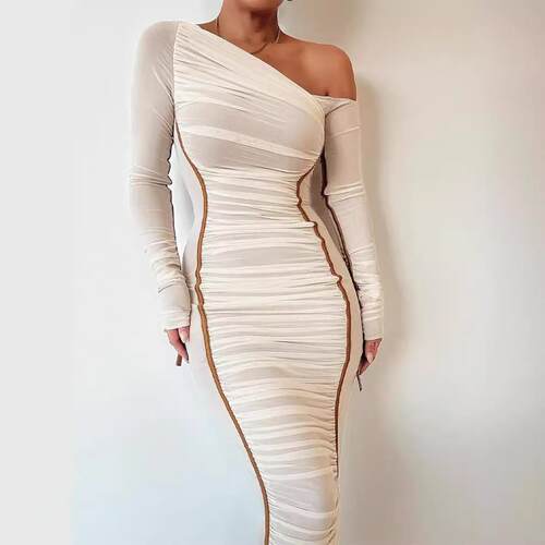 Womens Striped Ruched Asymmetrical Neck Bodycon Dress