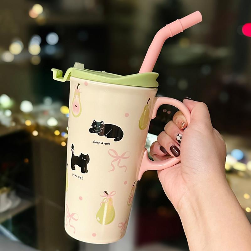 可爱少女喝水杯子大容量马克杯带盖吸管饮水陶瓷夏天冰霸杯咖啡杯