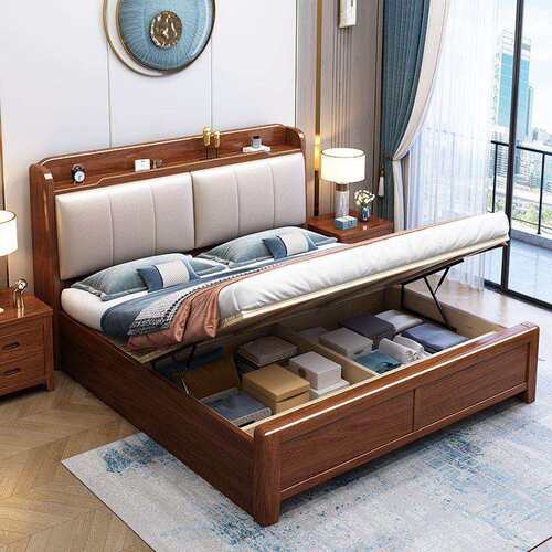 物胡见详情木色全实木中式1.8米双人床1.桃5米单人床气压抽屉高箱