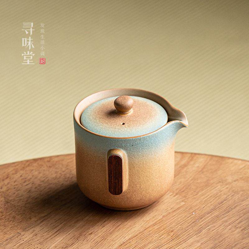 雅致陶器茶壶手抓壶|复古窑变粗陶双耳中式家用渐变陶瓷功夫茶具