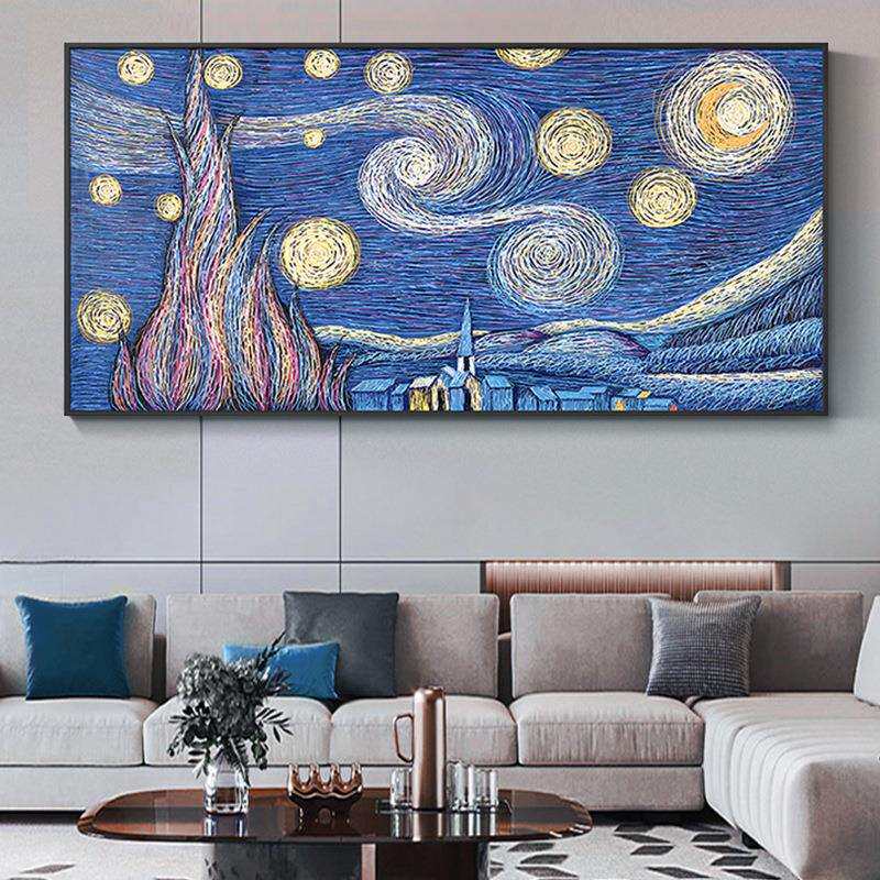 客厅手绘油画装饰画卧室世界名画梵高星空壁画现代简约横版挂画