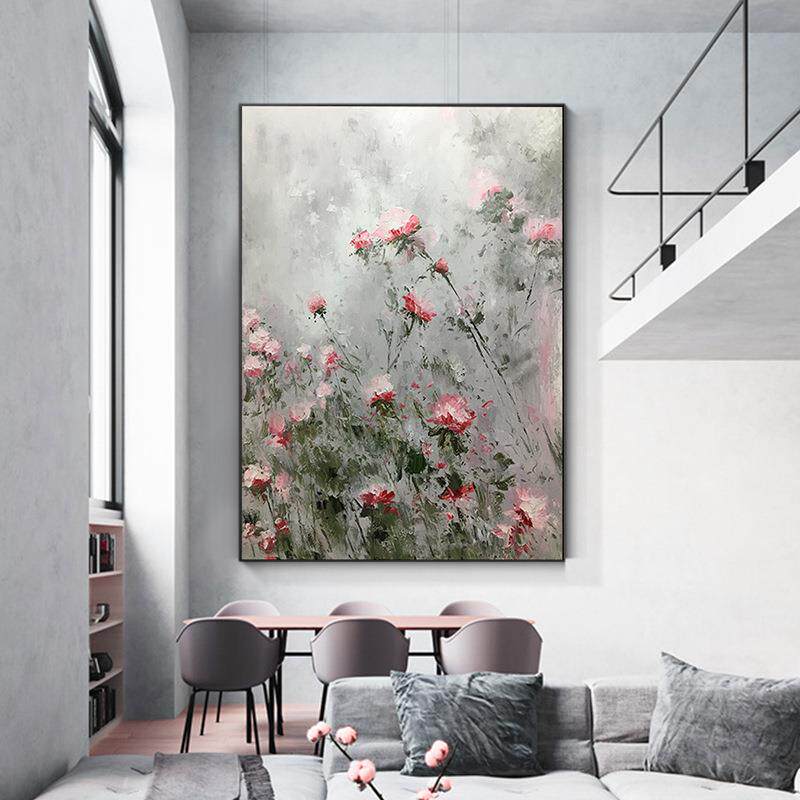 纯手绘油画北欧风格抽象花卉装饰画餐厅玄关挂画艺术大气壁画手工