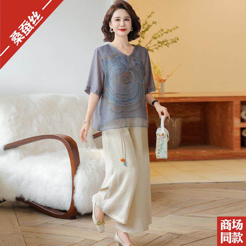 妈妈夏装真丝套装中老年大尺码女装桑蚕丝上衣短袖T恤阔腿裤两件