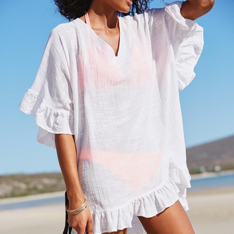Bamboo Cotton Bandage Ruffled Bikini Beach Loose Cover-up