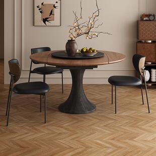 法式覆古风全实木餐桌中古风小户型家用客厅原木伸缩折叠圆形饭桌