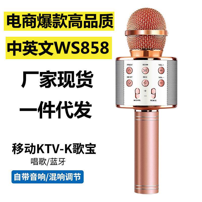 热销款WS858蓝牙无线麦克风手机K歌宝话筒自带音响一体亚马逊爆款