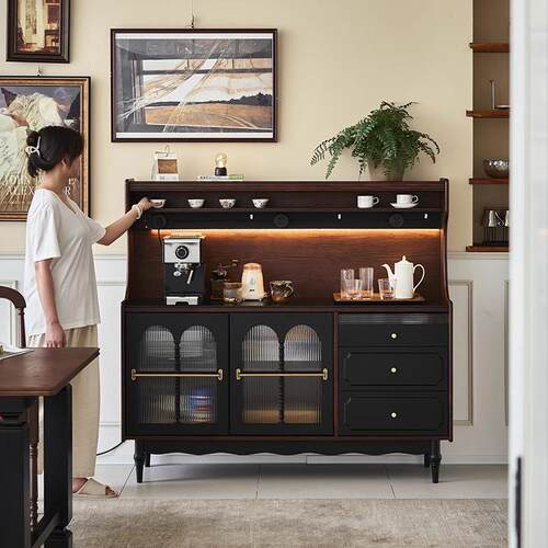 法式实木餐边柜 家用客厅多功能岩板茶水柜 复古餐厅收纳储物柜