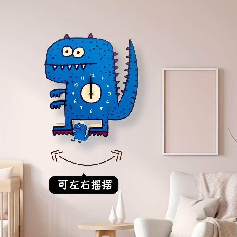 恐龙卡通创意钟表儿童房木质摇摆挂钟幼儿园钟挂钟静音家用时钟表
