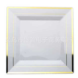 一次性餐盘组套装 6.5寸9寸白色方形烫金盘塑料西餐银边25个套装