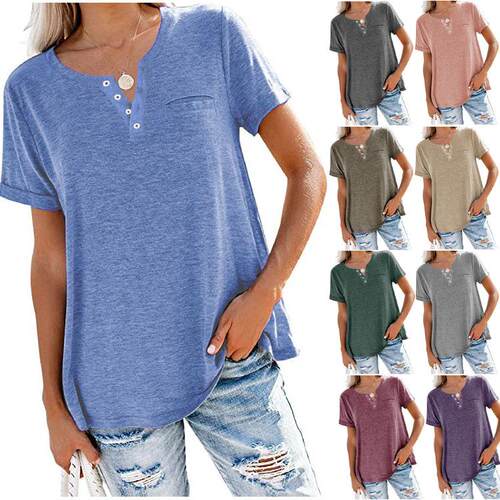Plus Size Plain Buttons Pocket Round Neck Tee Summer