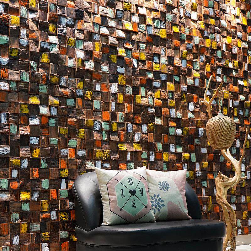 老船木风化彩色原木实木马赛克形象墙复古木板清吧酒吧招牌家装