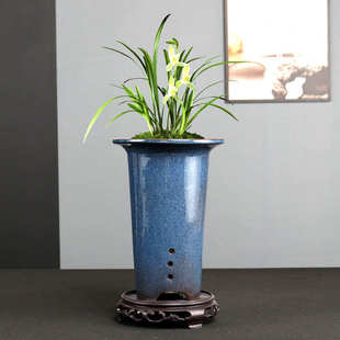 大口径紫砂兰花盆高筒陶瓷盆蕙春建墨兰花专用盆带侧孔托盘造景