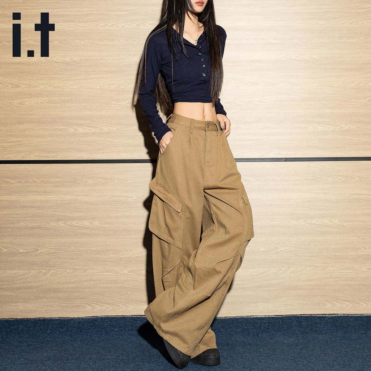 it izzue美式辣妹卡其色工装裤女款2025秋季新款休闲宽松阔腿裤子