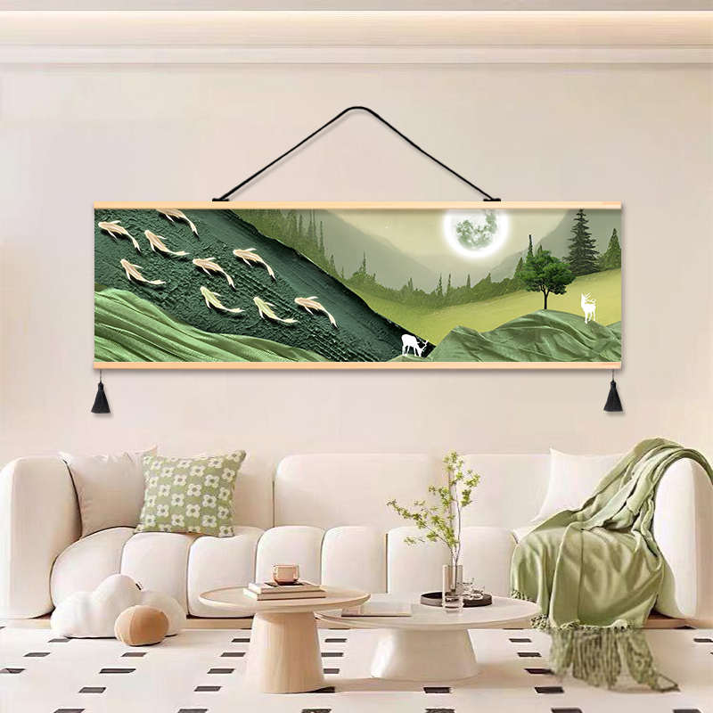 九鱼聚财客厅沙发背景墙装饰画清新书房布艺挂画免打孔挂布背景布图片