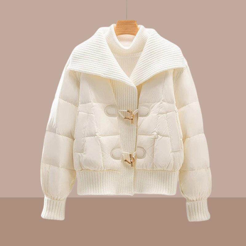 欧洲站白色针织翻领棉服女短款2025冬新款加厚保暖设计感时尚外套
