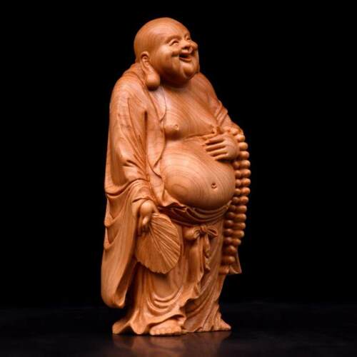 崖柏木雕拿扇弥勒笑像摆件 家居客厅开业茶宠大肚弥勒工艺品