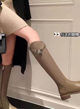 25圆头金属扣厚底英伦风时尚斜口不过膝长靴女秋冬侧拉链高筒骑士