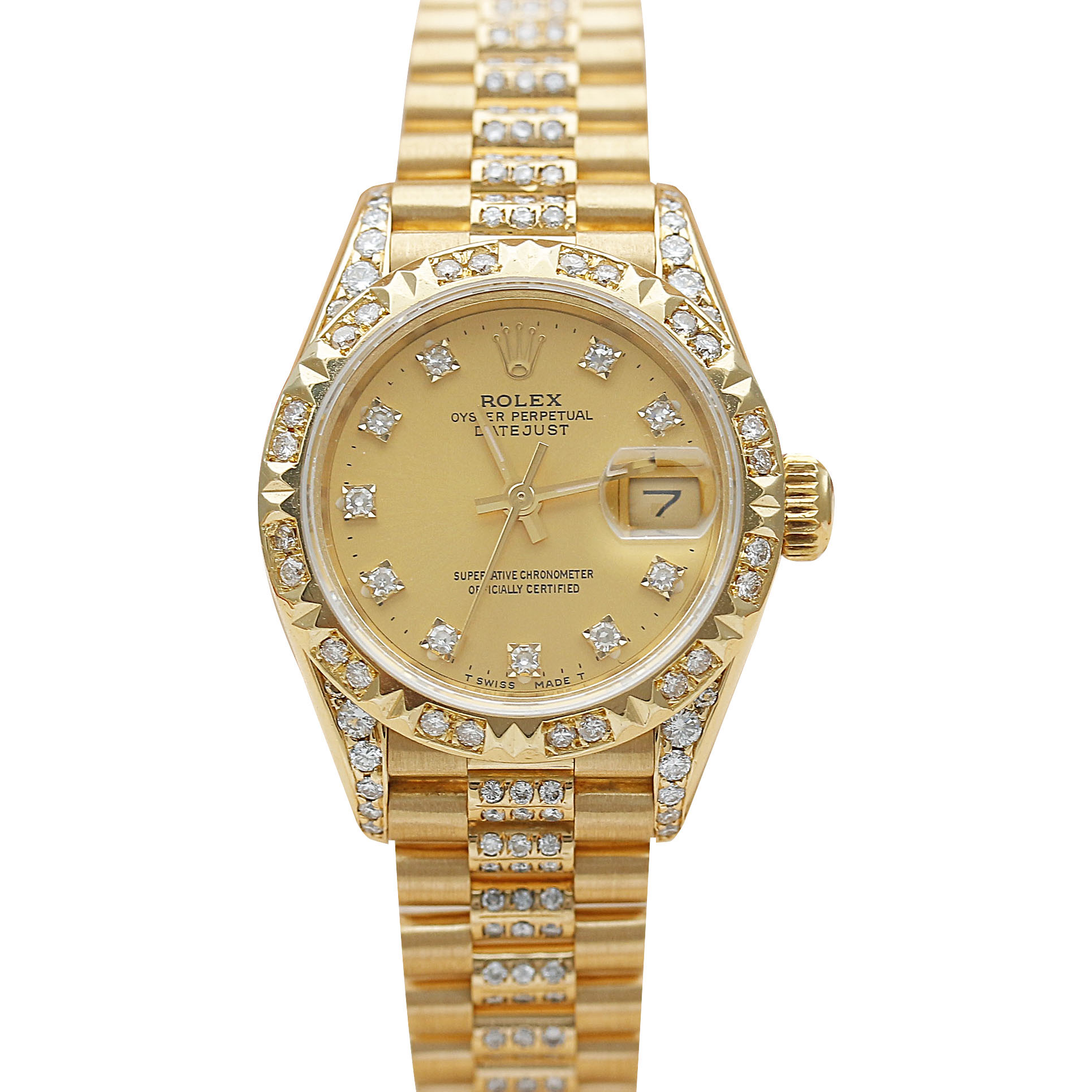 正品女金劳[9.8新]劳力士日志型黄金后镶钻自动机械女表69178